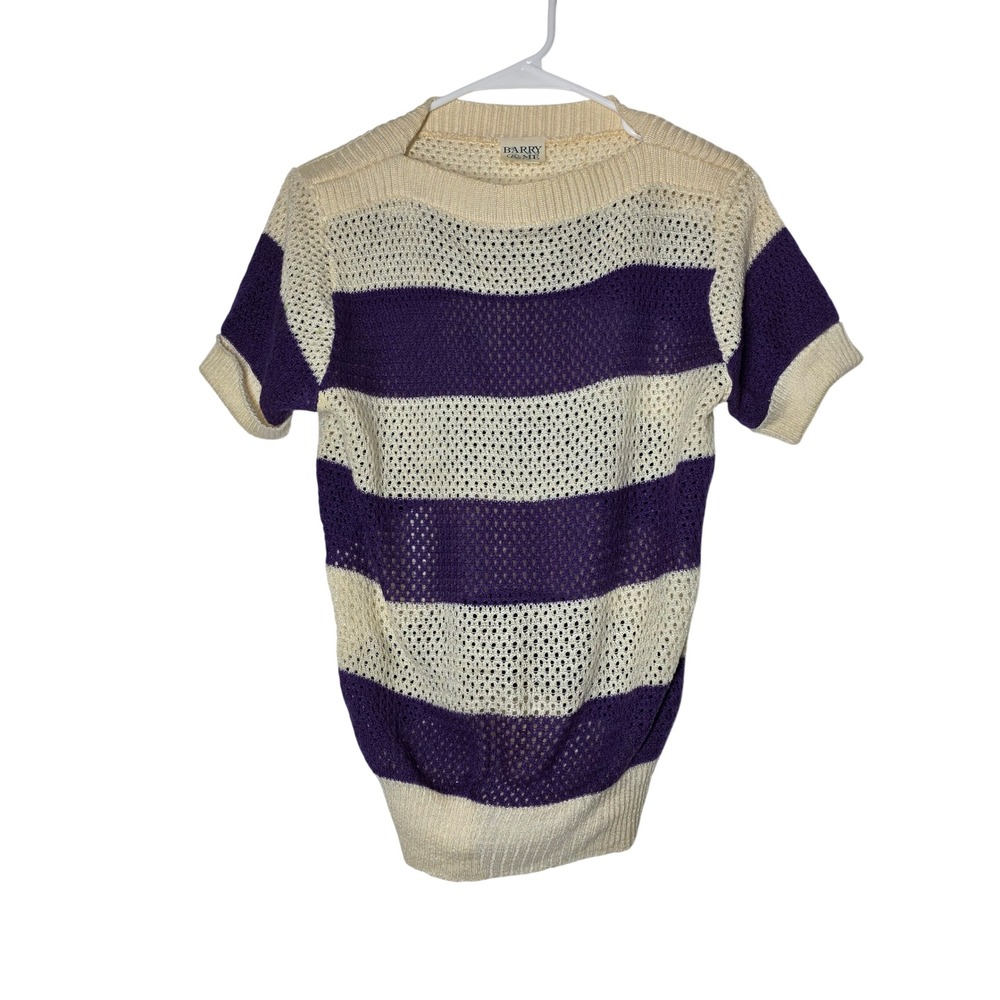 Barry & Me Vintage Striped Open Knit Short Sleeve Sweater Top Purple Cream M
